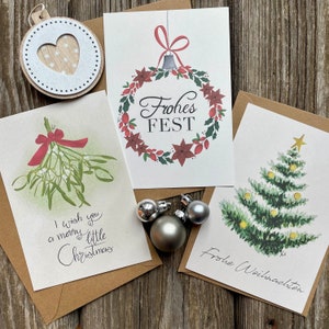 Weihnachtskarten 3er Set / Tannenbaum / Mistelzweig / Adventskranz / Kraftpapierumschlag / DinA6