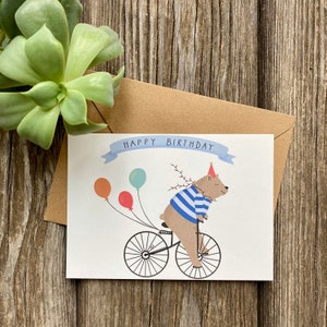 Postkarte Happy Birthday / Bär auf einem Fahrrad / Geburtstag / Din A6 / Kraftpapier Umschlag