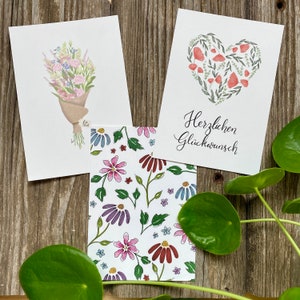 Postkarten Set Blümchen / Alles Liebe / beste Freundin / Muttertag / Grußkarte / handmade / Din A6 / Kraftpapier Umschlag