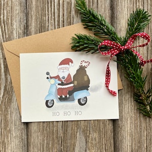 Postkarte Weihnachtsmann on Tour / Vespa / Geschenke / Zuckerstange / HOHOHO / Weihnachten