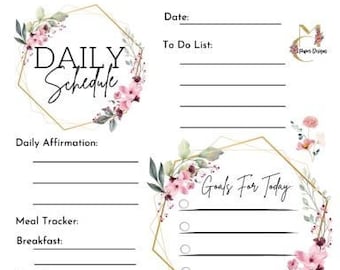 Floral Daily Schedule, Daily Planner, Printable To-Do List, Goals List, Meal Tracker, Digital Print, Journal Page, Floral, Morning Routine