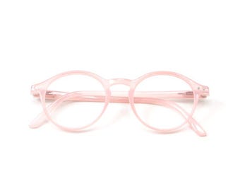 May include: A pair of pink round-framed glasses with clear lenses.