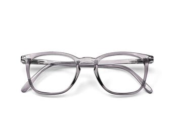 May include: A pair of gray, square-framed eyeglasses. The glasses have a translucent frame and clear lenses. The temples are thin and attach to the frame with small hinges. The overall design is modern and minimalist.