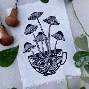 A5 Mushroom cup Lino Print
