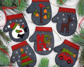 DIY Christmas Ornaments Pattern | Charcoal Mittens Pattern | Wool Felt Ornaments | Christmas Mitten Crafts | Templates and Instructions