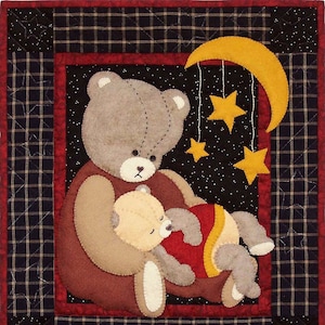 May include: A brown teddy bear holding a smaller brown teddy bear in its arms. The larger bear is wearing a red and yellow vest. The background is a black and white plaid fabric with a crescent moon and stars.