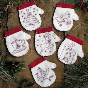 Redwork Mittens Kit | Wool Applique Tree Kit |  Felt Christmas Ornaments | DIY Ornament Kit | Instructions and Materials | 4” x 4 1/2”