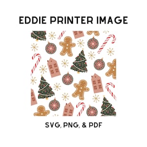 Könnte beinhalten: Ein nahtloses Muster mit weihnachtlichen Illustrationen, darunter Lebkuchenmänner, Zuckerstangen, Weihnachtsbäume, Häuser und Ornamente. Der Hintergrund ist weiß und die Illustrationen sind in Rot-, Grün-, Braun- und Goldtönen gehalten.