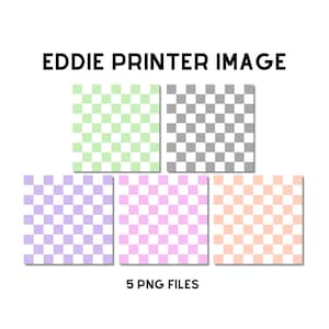 Könnte beinhalten: Fünf digitale, druckbare Schachbrettmuster in verschiedenen Farben: Hellgrün, Grau, Lavendel, Rosa und Pfirsich. Jedes Muster ist ein Quadrat mit einem Schachbrettmuster.