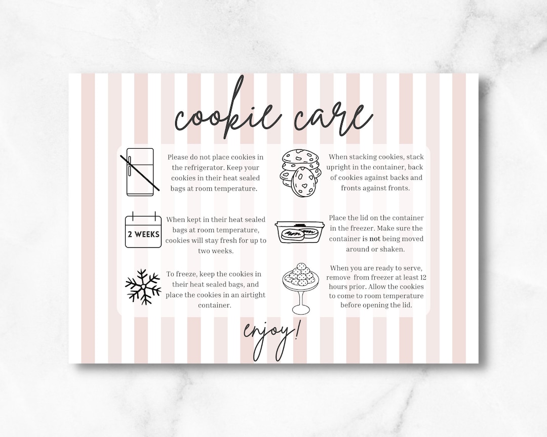 Cookie Care Card Printable 3.5 by 5. Cookie Care Instructions, Digital