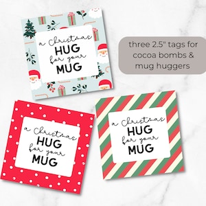 3 etiquetas de biscoitos de Natal para impressão "Um abraço de Natal para sua caneca", 2,5", download instantâneo, bomba digital de chocolate com cacau quente, etiqueta de abraço de caneca