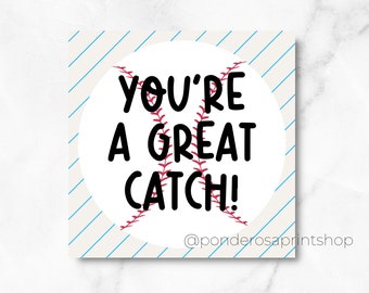 You're A Great Catch, Baseball Pun Valentine's Day Cookie Tag, 2.5 inches, Printable Cookie Tag, Digital Cookie Tag