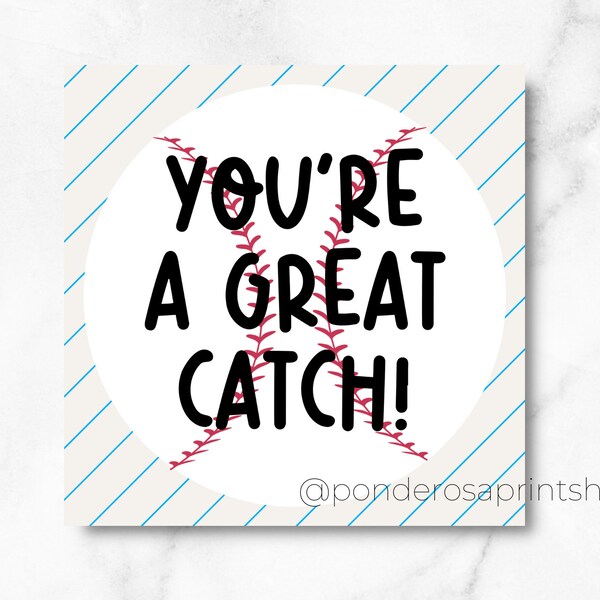 You're A Great Catch, Baseball Pun Valentine's Day Cookie Tag, 2.5 inches, Printable Cookie Tag, Digital Cookie Tag