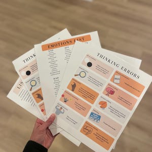 May include: A hand holds several white paper sheets with text and illustrations. The sheets are titled "Emotions List" and "Thinking Errors." The color scheme includes orange, peach, and black text on a white background. The sheets appear to be educational resources.