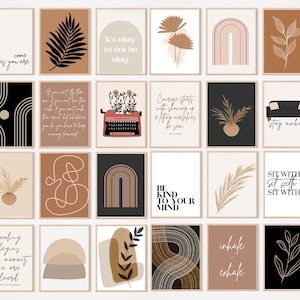 May include: A collection of framed art prints with inspirational quotes and minimalist designs. The prints feature botanical illustrations, abstract shapes, and text such as "Come as you are" and "It's okay to not be okay". The color palette includes neutral tones.