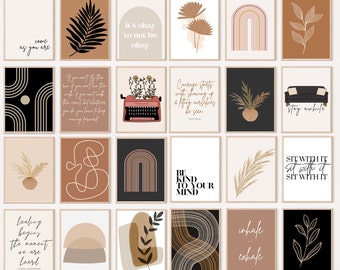 May include: A collection of framed art prints with inspirational quotes and minimalist designs. The prints feature botanical illustrations, abstract shapes, and text such as "Come as you are" and "It's okay to not be okay". The color palette includes neutral tones.