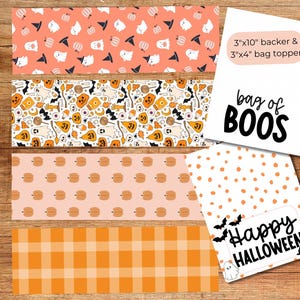 May include: Halloween-themed paper crafts. The image shows several patterned paper strips with pumpkins, ghosts, and bats. A card reads "bag of BOOS" and another says "Happy HALLOWEEN". The backer is 3"x10" and the bag topper is 3"x4".