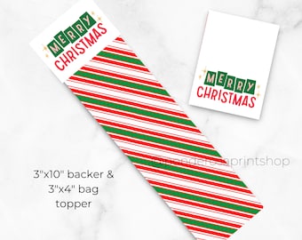 May include: A red and green candy cane striped paper topper with the text "Merry Christmas" in red and green block letters. The topper is 3 inches by 4 inches and is designed to be used with a 3 inch by 10 inch backing.