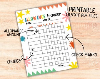 May include: A printable allowance tracker PDF file measuring 8.5 inches by 11 inches. The document features the text ALLOWANCE tracker, Name, Week of, Task, Value, and Total. It includes a grid for chores and check marks, decorated with colorful stars and geometric shapes.
