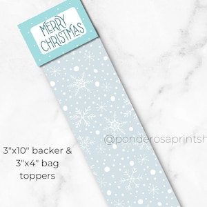 Adorno y base para galletas navideñas imprimibles, base para galletas navideñas con copos de nieve azules de 3" x 10" y 3" x 4", tarjeta para galletas de descarga instantánea, etiqueta de Santa