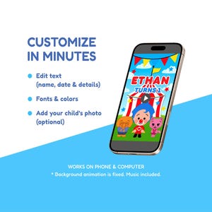 Puede incluir: Un tel&eacute;fono inteligente muestra una colorida invitaci&oacute;n de cumplea&ntilde;os para "Ethan Turns 1". El dise&ntilde;o presenta personajes de dibujos animados, una carpa de circo y el texto "Personaliza en minutos". El tel&eacute;fono est&aacute; sobre un fondo azul y blanco.