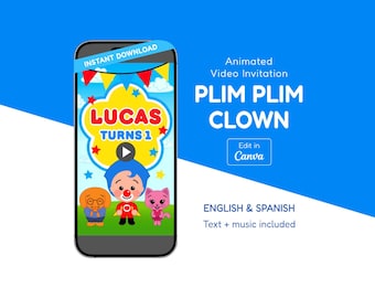 Puede incluir: Un teléfono inteligente muestra una colorida invitación de video animada para el primer cumpleaños de un niño. El diseño presenta un personaje de payaso, el nombre "Lucas" y el texto "Turns 1". La invitación está disponible en inglés y español.