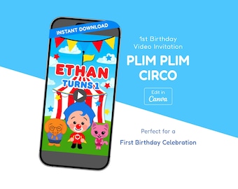 Puede incluir: Un teléfono inteligente muestra una colorida invitación en video para el 1er cumpleaños. El diseño presenta un tema de circo con el texto "ETHAN TURNS 1" y "PLIM PLIM CIRCO". La invitación incluye personajes de dibujos animados y las palabras "Descarga instantánea".