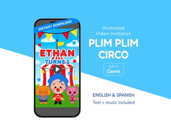 Puede incluir: Un smartphone muestra una colorida invitación de video animada. La invitación presenta un tema de circo con el texto "ETHAN TURNS 1" y "PLIM PLIM CIRCO". El diseño incluye personajes de dibujos animados, banderas y estrellas. La invitación está en inglés y español.