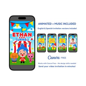 Puede incluir: Un smartphone muestra una colorida invitaci&oacute;n animada de cumplea&ntilde;os para el primer cumplea&ntilde;os de Ethan. El dise&ntilde;o incluye elementos de circo, personajes de dibujos animados y el texto "ETHAN TURNS 1". Otros tel&eacute;fonos muestran variaciones de la invitaci&oacute;n.
