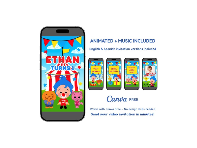 Puede incluir: Un smartphone muestra una colorida invitaci&oacute;n animada de cumplea&ntilde;os para el primer cumplea&ntilde;os de Ethan. El dise&ntilde;o incluye elementos de circo, personajes de dibujos animados y el texto "ETHAN TURNS 1". Otros tel&eacute;fonos muestran variaciones de la invitaci&oacute;n.