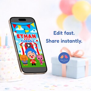 Puede incluir: Un smartphone muestra un dise&ntilde;o de cumplea&ntilde;os con el texto "ETHAN TURNS 1". Un pastel de dos pisos con velas encendidas, una caja de regalo con lazo y globos est&aacute;n en el fondo. La imagen tambi&eacute;n incluye el texto "Edit fast. Share instantly."
