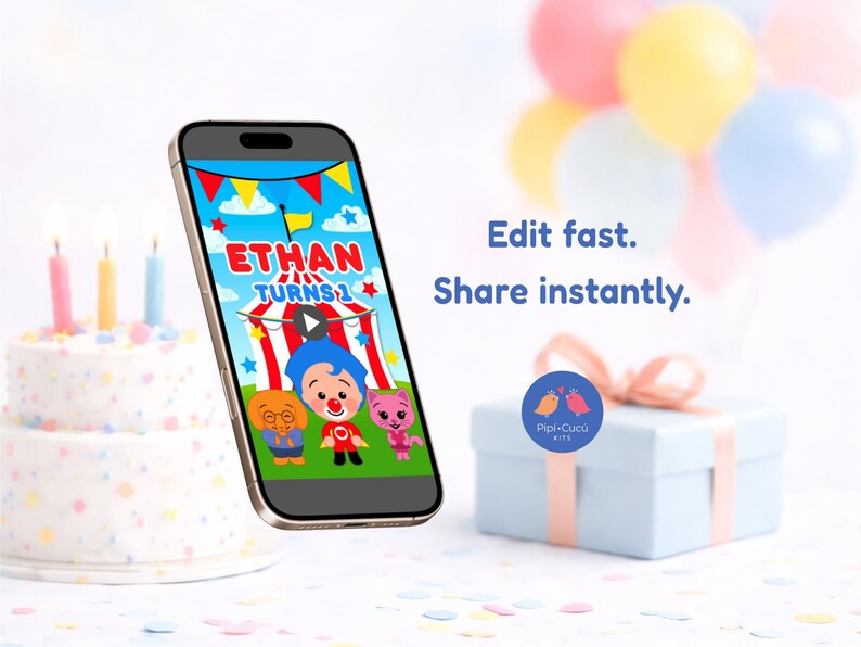Puede incluir: Un smartphone muestra un dise&ntilde;o de cumplea&ntilde;os con el texto "ETHAN TURNS 1". Un pastel de dos pisos con velas encendidas, una caja de regalo con lazo y globos est&aacute;n en el fondo. La imagen tambi&eacute;n incluye el texto "Edit fast. Share instantly."