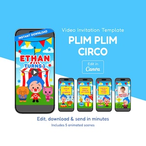 Può includere: Un modello di invito video digitale per una festa di compleanno. Il design presenta un tema circense con il testo "ETHAN TURNS 1" e "PLIM PLIM CIRCO". L'invito è progettato per essere modificato in Canva e include 5 scene animate.