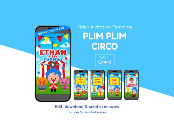 Plim Plim Circus Birthday Invitation Video Template, Editable Canva Invite, Kids Video Invite, Animated MP4, Instant Download, Send Today
