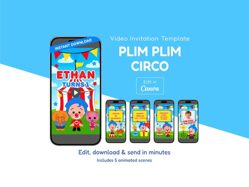 Puede incluir: Una plantilla de invitaci&oacute;n de video digital para una fiesta de cumplea&ntilde;os. El dise&ntilde;o presenta un tema de circo con el texto "ETHAN TURNS 1" y "PLIM PLIM CIRCO". La invitaci&oacute;n est&aacute; dise&ntilde;ada para ser editada en Canva e incluye 5 escenas animadas.