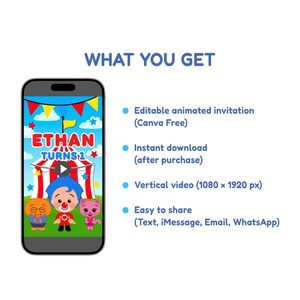 Puede incluir: Un tel&eacute;fono inteligente muestra una colorida invitaci&oacute;n animada para "Ethan Turns 1". La invitaci&oacute;n presenta personajes de dibujos animados, un dise&ntilde;o de carpa de circo y el texto "WHAT YOU GET". La pantalla tambi&eacute;n enumera funciones como descarga instant&aacute;nea y f&aacute;cil de compartir.