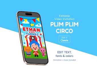 Puede incluir: Un smartphone muestra una colorida invitación en video para una fiesta de cumpleaños. La invitación presenta el texto "ETHAN TURNS 1" sobre una ilustración de carpa de circo con personajes de dibujos animados. El fondo es un degradado de azul.