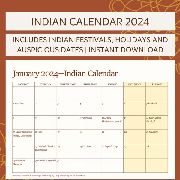 Indian Calendar 2024 Etsy