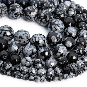 Snowflake Obsidian Gemstone Round Faceted Beads 13 Inch Strand. Obsidian Gemstone Loose Beads for Jewelry Making Craft. Jewelry for Her
