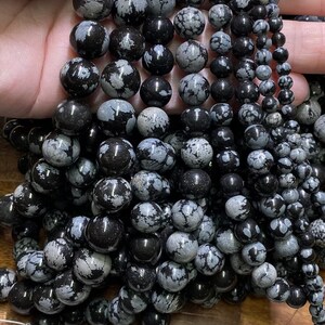 Snowflake Obsidian Gemstone Round Smooth Beads 13 Inch Strand. Obsidian Gemstone Loose Beads for Jewelry Making. Men Women Jewelry