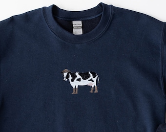 Cowgirl Cow Embroidered Crewneck Sweater | Western Farm Life