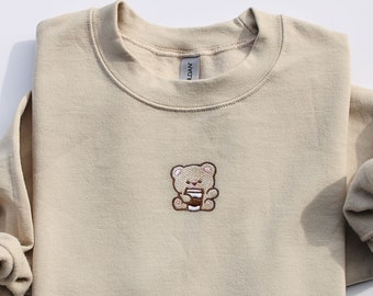 Embroidered Teddy Bear Crewneck | Kawaii Bear Coffee Sweatshirt