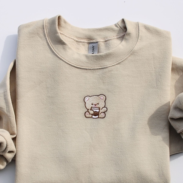 Teddy Bear Embroidered Crewneck Sweater | Cute Bear With Coffee Sweatshirt For Women | Kawaii Bear Embroidery Sweatshirt