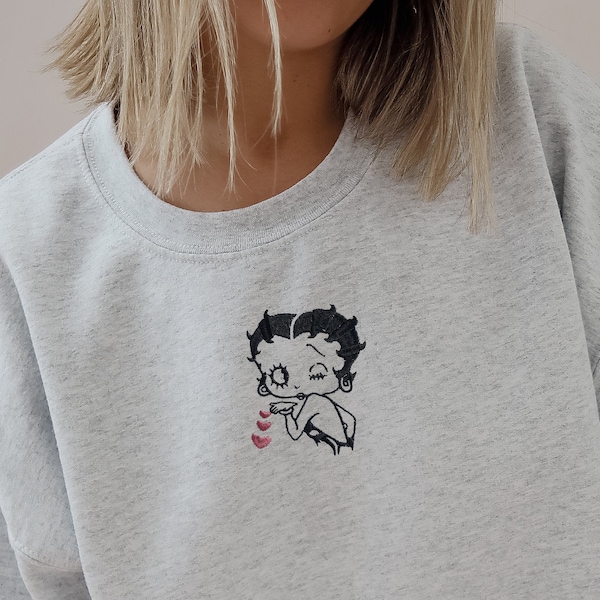 Betty Boop Embroidered Crewneck Sweater | Valentines Day Sweatshirt For Women | Cute Vintage Character Sweater | Betty Boop Lover Gift