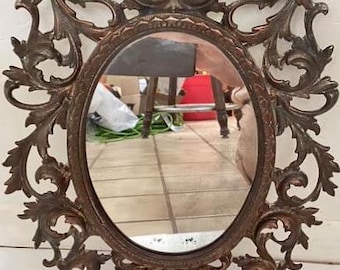 Vintage 1920s Hollywood Regency Oval Mirror • Electroplated Copper • Floral Frame • Original Glass