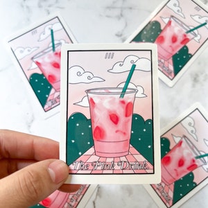 The Pink Drink Tarot Card | Iced Coffee Sticker | Funny Tarot Card | Cute Strawberry Coffee Lover Sticker Gift