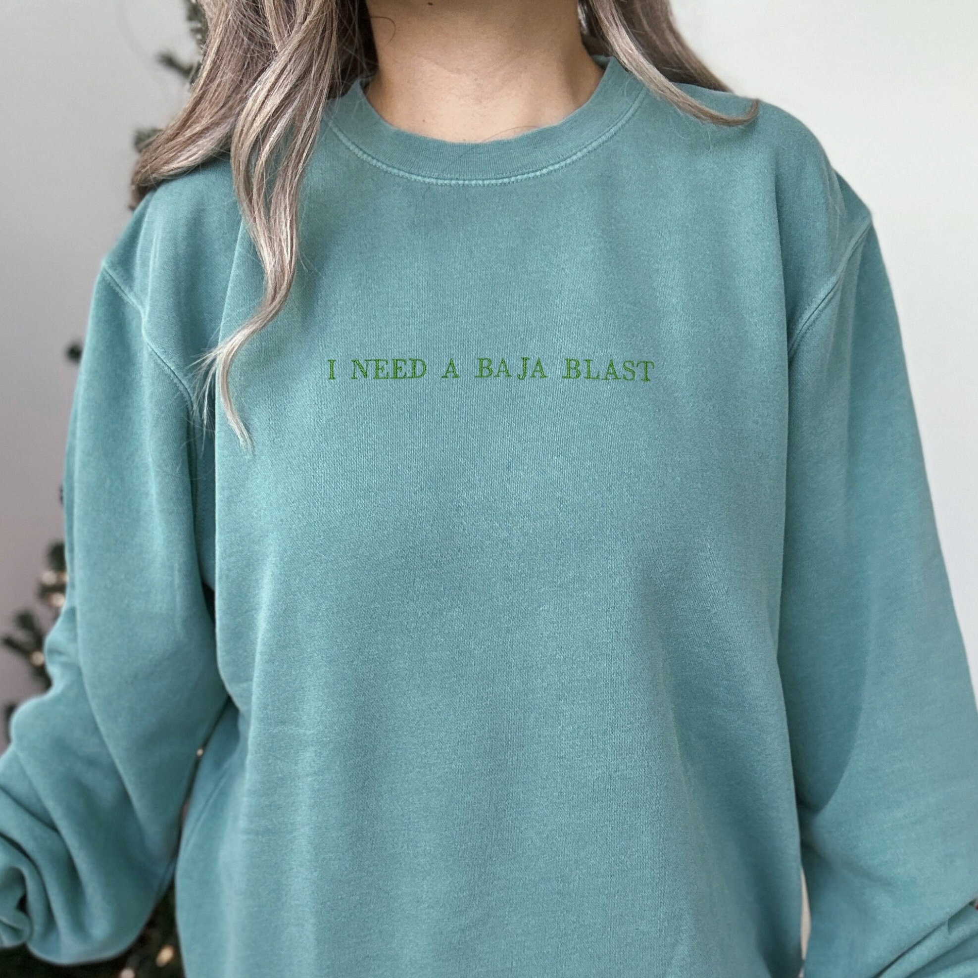 SwevenStitchesCo I Need A Baja Blast Embroidered Crewneck Sweater Minimalistic Funny Food Saying Sweatshirt Taco Bell Lover Gift Taco Bell Merch