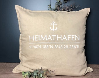 Kissen / Kissen mit Koordinaten / Heimathafen / Geschenk zum Einzug und Umzug / Kissen personalisiert / Hochzeitsgeschenk / Hausbau