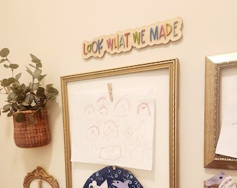 look what we made wood sign, kids art display sign, kids art wall decor, nursery decor, playroom wall decor, rainbow decor