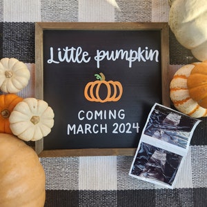 Anuncio de embarazo de calabaza, pequeño cartel de embarazo de calabaza, cultivo de una pequeña calabaza, espera de una pequeña calabaza, accesorio de revelación de bebé de otoño